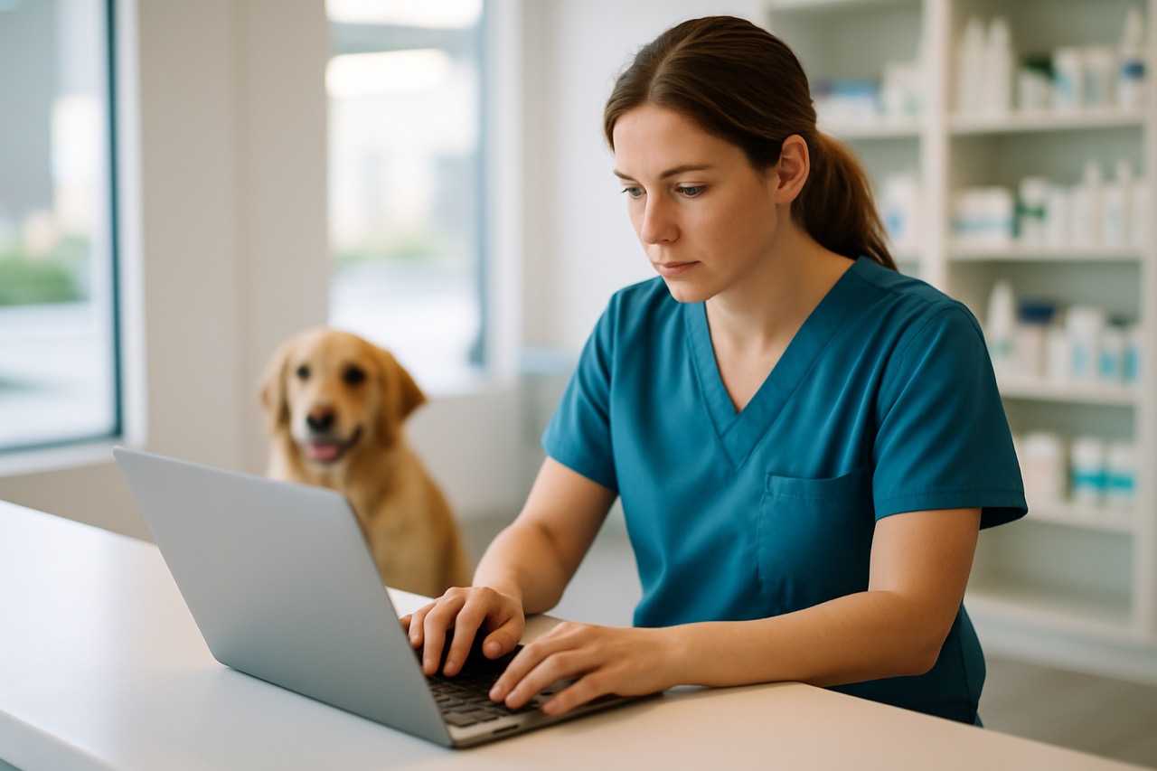 Veterinary staff member placing an order on a laptop